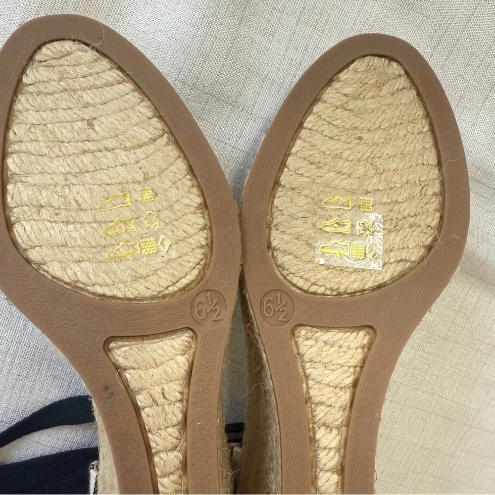 New J. Crew Size 6.5 Espadrille Wedges Ankle Wrap Black Cream Stripe Shoes
